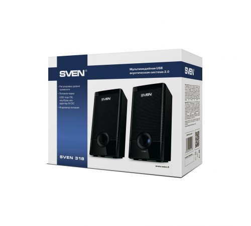 Колонки пластиковые SVEN 318, чёрный, акустическая система 2.0 (USB, мощность 2x2.5 Вт(RMS)), черный