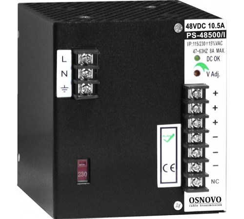 Блок питания/ OSNOVO Промышленный блок питания. DC48V, 10,5A (500W). Диапазон входных напряжений: AC195-265V