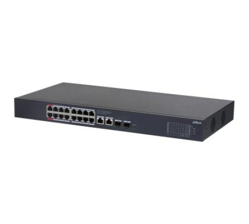 Коммутатор DAHUA 16-портовый гигабитный PoE коммутатор с функцией облачного управления Порты: 16 RJ45 10/100/1000Мбит/с (PoE/PoE+/Hi-PoE),  2 RJ45 10/100/1000Мбит/с (uplink), 2 SFP 1000Мбит/с (uplink); мощность