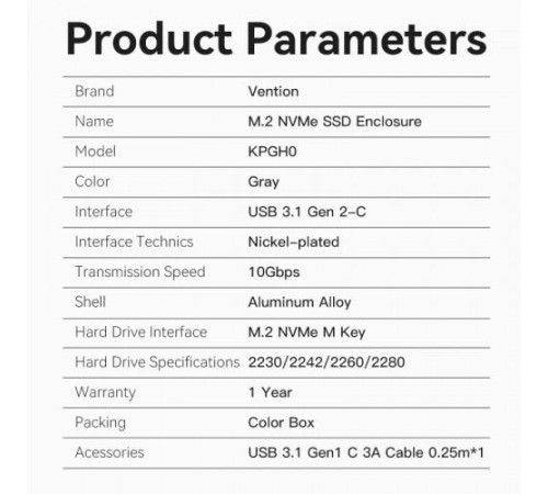 Корпус для SSD Vention USB 3.1 Gen 2-C M.2 NVMe Серый