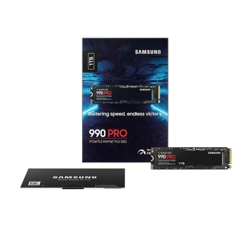 Твердотельные накопители/ Samsung SSD 990 PRO, 1000GB, M.2(22x80mm), NVMe 2.0, PCIe 4.0 x4, V-NAND TLC, R/W 7450/6900MB/s, IOPs 1 200 000/1 550 000, DRAM buffer 1024MB, TBW 600, DWPD 0.33 (12 мес.) Твердотельные накопители/ Samsung SSD 990 PRO, 1000GB, M.2(22x80mm), NVMe 2.0, PCIe 4.0 x4, V-NAND TLC, R/W 7450/6900MB/s, IOPs 1 200 000/1 550 000, DRAM buffer 1024MB, TBW 600, DWPD 0.33 (12 мес.)