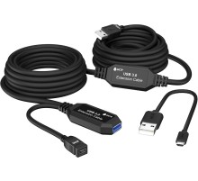 GCR Удлинитель активный 10.0m(5.0m + 5.0m) USB 3.0 AM/AF, черный, с 2-мя усилителями сигнала, доп.питание micro, GCR-51926