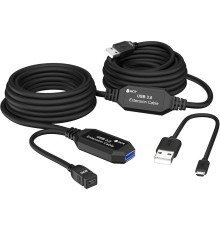 GCR Удлинитель активный 10.0m(5.0m + 5.0m) USB 3.0 AM/AF, черный, с 2-мя усилителями сигнала, доп.питание micro, GCR-51926