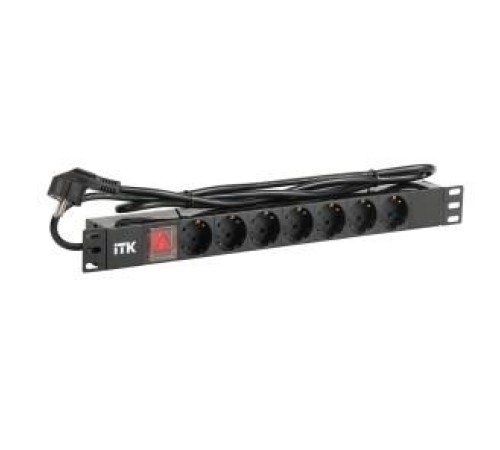 PDU 7 розеток DIN49440 (нем. cтанд.) с LED выключателем, 1U, шнур 2м вилка DIN49441 (нем. станд.), профиль из ПВХ, черный