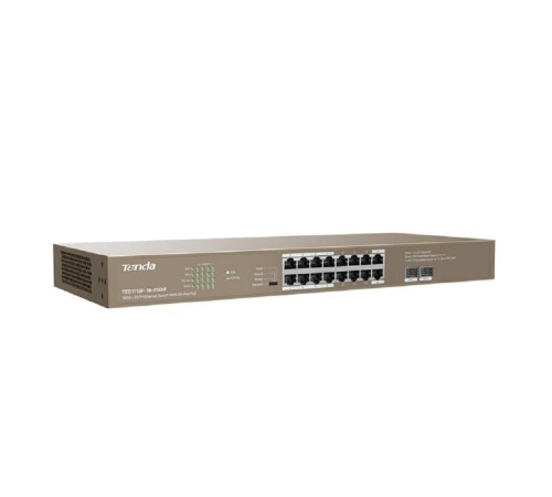 Коммутатор/ Tenda TEG1118P-16-250W Коммутатор неуправляемый PoE, 16 портов, 16x1 Гбит/с, PoE 16х30 Вт (до 230Вт), SFP 2x1 Гбит/с, установка в стойку