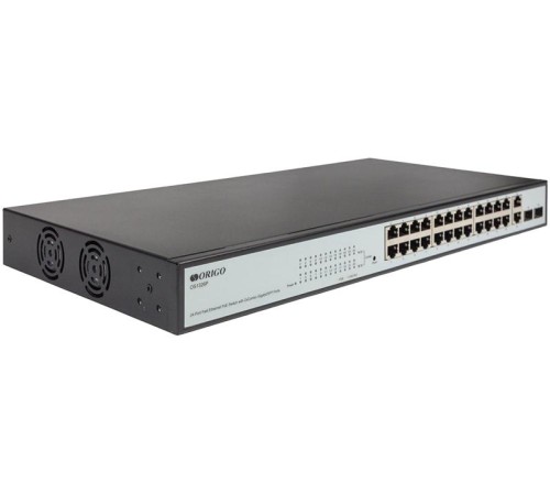 Коммутатор ORIGO Настраиваемый L2 PoE-коммутатор, 24x100Base-TX PoE, 2xCombo 1000Base-T/SFP, PoE-бюджет 280 Вт, комплект для установки в 19" стойку