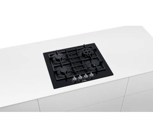 Встраиваемая газовая панель BOSCH Serie 4, газовая варочная панель, 60см, закаленное стекло, черный, 4 конфорки, 1 конфорка WOK c 2 контурами пламени, индивидуальные чугунные решетки, газ-контроль, автоматический электроподжиг, сделано в Испании