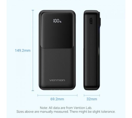 Power Bank Vention 20000mAh(Micro-USB/C/A/A) со встроенными кабелями 22.5W Чёрный с LED Дисплеем, шт. Power Bank Vention 20000mAh(Micro-USB/C/A/A) со встроенными кабелями 22.5W Чёрный с LED Дисплеем, шт.