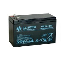Батарея B.B. Battery серия HR, HR1234W, напряжение 12В, емкость 9Ач (разряд 20 часов), емкость 7Ач (разряд 10 часов), макс. ток разряда (5 сек.) 105А, макс. ток заряда 2.1A, свинцово-кислотная типа AGM, клеммы Т2, ДxШxВ 151x65x100мм., вес 2.5кг., срок слу