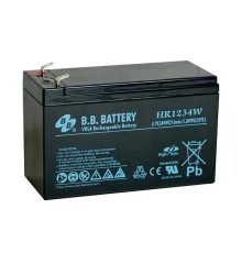 Батарея B.B. Battery серия HR, HR1234W, напряжение 12В, емкость 9Ач (разряд 20 часов), емкость 7Ач (разряд 10 часов), макс. ток разряда (5 сек.) 105А, макс. ток заряда 2.1A, свинцово-кислотная типа AGM, клеммы Т2, ДxШxВ 151x65x100мм., вес 2.5кг., срок слу