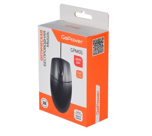 Мышь/ Мышь проводная GoPower GPM01 классическая USB черный (1/100) Мышь/ Мышь проводная GoPower GPM01 классическая USB черный (1/100)