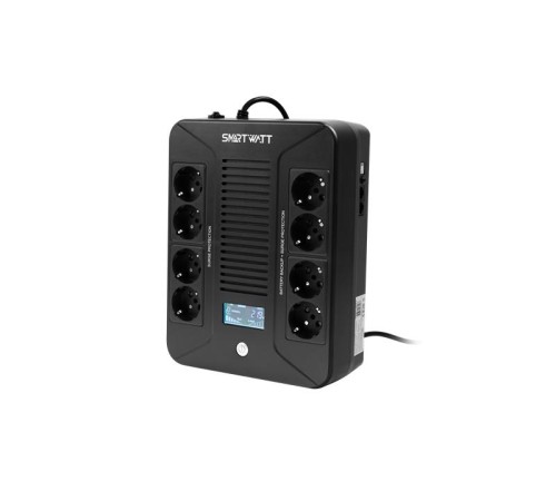 Источник бесперебойного питания SMARTWATT ИБП линейно-интерактивный, 800/480 ВА/Вт, напольный/настенный, LCD дисплей, Schuko CEE7/4 - 8 шт. (4 шт. с резервным питанием, 4 шт. - сетевой фильтр) (незначительное повреждение коробки)