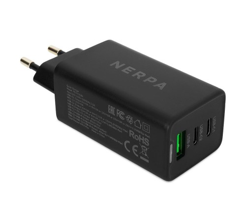 Сетевое зарядное устройство 220В/ Зарядное устройство NERPA PD333CBX 65W GaN PD+QC3.0, 2xUSB-C, 1xUSB-A, USB-C - USB-C 100W cable 1.5m black, EU plug, BOX Сетевое зарядное устройство 220В/ Зарядное устройство NERPA PD333CBX 65W GaN PD+QC3.0, 2xUSB-C, 1xUSB-A, USB-C - USB-C 100W cable 1.5m black, EU plug, BOX