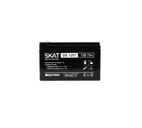 2533 SKAT SB 1207, 12В, 7Ач, максимальный ток заряда 2,1 А. Тип клеммы — F1 нож. Размер корпуса — 66х151х100. Вес — 2,1 кг. Срок службы — 6 лет. Гарантия - 18 месяцев.