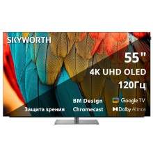 Телевизор 55'' Skyworth 55'' OLED, Ultra HD, Google TV, 900Nit, Bluetooth, 120Hz, Freesync Premium (AMD), 2.1.2 ch (2*12W+20W SUB+5W*2) Dolby Atmos, 4хHDMI, 2хUSB, Digital Audio Output, Composite output, LAN,CI, динамическая подсветка при включении, подст