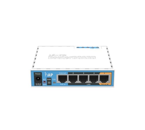 Точка доступа wi-fi MikroTik hAP with 650MHz CPU, 64MB RAM, 5xLAN, built-in 2.4Ghz 802.11b/g/n 2x2 two chain wireless with integrated antennas, USB, RouterOS L4, desktop case, PSU