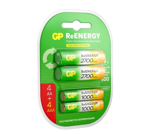 Аккумулятор Перезаряжаемые аккумуляторы GP ReEnergy 270AAHC АА+100AAAHC AAA, емкости 2650 и 930 мАч - 8 шт. в промо-упаковке 4+4