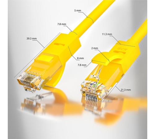GCR Патч-корд прямой 0.7m UTP кат.5e, желтый, позолоченные контакты, 24 AWG, литой, GCR-LNC02-0.7m, ethernet high speed 1 Гбит/с, RJ45, T568B