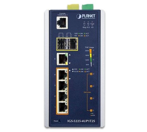 коммутатор/ PLANET IP30 Industrial L2+/L4 4-Port 60W 1000T Ultra PoE+ 1-Port 1000T + 2-port 100/1000X SFP Full Managed Switch (-40 to 75 C, dual redundant power input on 48~56VDC terminal block, DIDO, ERPS Ring Supported, 1588)