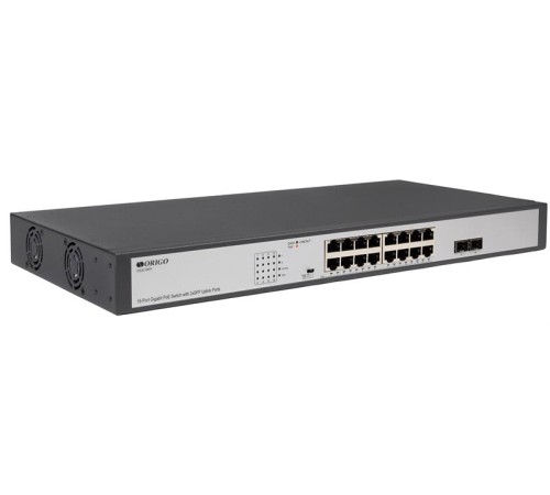 Коммутатор ORIGO Неуправляемый PoE-коммутатор, 16x1000Base-T PoE, 2x1000Base-X SFP, PoE-бюджет 250 Вт, PoE до 250 м, комплект для установки в 19" стойку