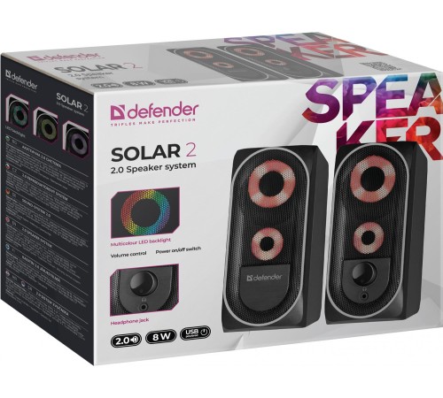 Defender Акустическая 2.0 система Solar 2 8Вт, подсветка, питание от USB