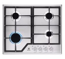 Встраиваемые газовые панели ELECTROLUX/ Газовая варочная поверхность -нержавеющая сталь, мощность: 7800 Вт, автоматический электроподжиг, газ-контроль, решетки: чугун, независимая установка, размеры (ШхГ): 59.5x51 см