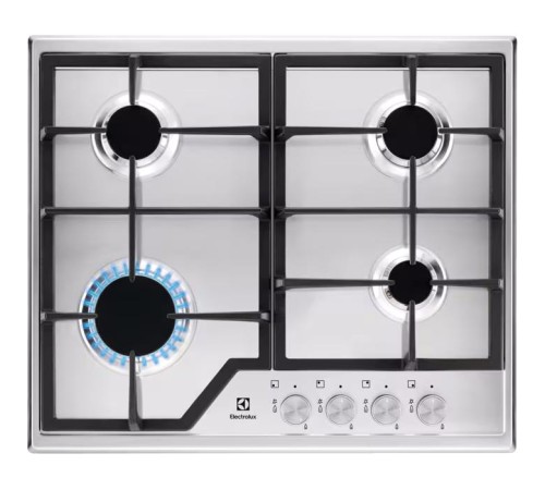 Встраиваемые газовые панели ELECTROLUX/ Газовая варочная поверхность -нержавеющая сталь, мощность: 7800 Вт, автоматический электроподжиг, газ-контроль, решетки: чугун, независимая установка, размеры (ШхГ): 59.5x51 см