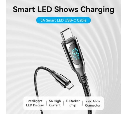 Кабель Vention USB 2.0 CM/CM с LED дисплеем - 1.2м. Чёрный 5А PD100W, шт.