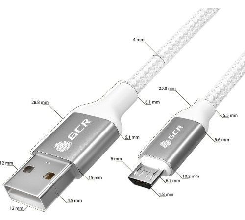 GCR QC Кабель 1.0m MicroUSB, быстрая зарядка, белый нейлон, AL корпус серебро, белый ПВХ, 28/24 AWG, GCR-52468