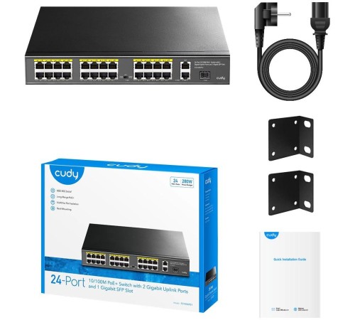 Коммутатор/ 24-Port 10/100M PSE RJ-45 +2 Gigabit RJ- 45 +1SFP Port with 24 POE Ports Switch with Built-in power supply, support 16-port IEEE 802.3at PoE+ Injector, Rack-mountable Steel case, 300W Internal