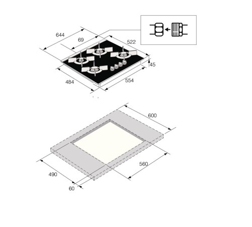 Газовая варочная панель ASKO/ Арт. 741475 ; Газовая варочная панель ASKO, 4 зоны,кольцо для вока-чугун,электроподжиг, цвет черный
