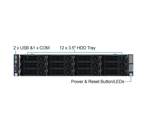 Серверный корпус/ 2U chassis; E-ATX, ATX, Micro-ATX, Mini-ITX MBs; 12 x 3.5'' hs + 2 x 2.5'' hs rear; 800 Wt CRPS(1+1); no rails