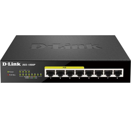 Коммутатор/ DGS-1008P,DGS-1008P/E Unmanaged Switch 8x1000Base-T (4x1000Base-T PoE), PoE Budget 80W, metal case