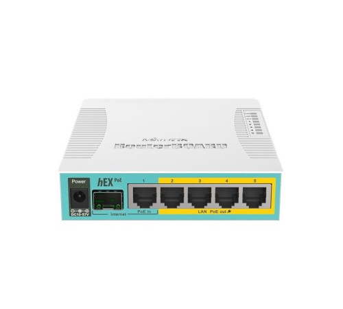 Маршрутизатор MikroTik hEX PoE with 800MHz CPU, 128MB RAM, 5x Gigabit LAN (four with PoE out), SFP, USB, RouterOS L4, plastic case and PSU