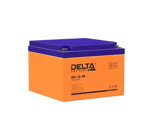 Батарея DELTA серия GEL, GEL 12-26, напряжение 12В, емкость 26Ач (разряд 20 часов),  макс. ток разряда (5 сек.) 300А, макс. ток заряда 5.2А, свинцово-кислотная типа AGM+GEL, клеммы под болт М6, ДxШxВ 166х175х125мм., вес 8.1кг., срок службы 10-12 лет./ Bat