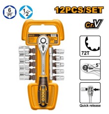 Набор инструментов 12 шт 1/2" с ключом-храповиком Ingco HKTS12122,10-21мм, CR-V