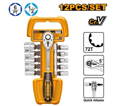 Набор инструментов 12 шт 1/2" с ключом-храповиком Ingco HKTS12122,10-21мм, CR-V Набор инструментов 12 шт 1/2" с ключом-храповиком Ingco HKTS12122,10-21мм, CR-V