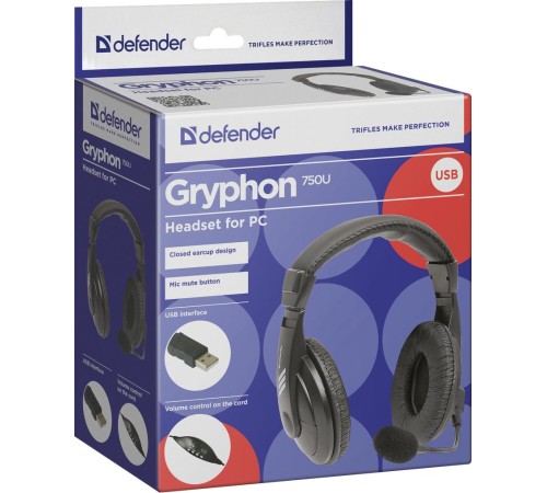 Defender Компьютерная гарнитура Gryphon 750U USB, черный, 1.8м кабель