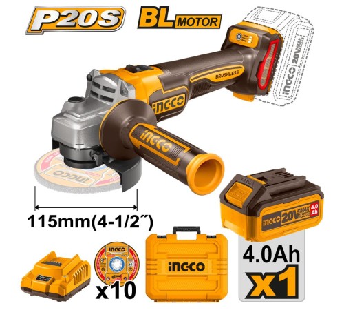 Аккумуляторная угловая шлифмашина Li-Ion 20В, INGCO CAGLI211541, 115мм Аккумуляторная угловая шлифмашина Li-Ion 20В, INGCO CAGLI211541, 115мм