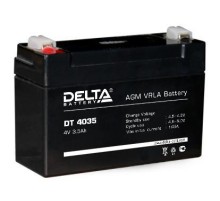 Батарея DELTA серия DT, DT 4035, напряжение 4В, емкость 3.5Ач (разряд 20 часов),  макс. ток разряда (5 сек.) 52.5А, макс. ток заряда 1.05А, свинцово-кислотная типа AGM, клеммы F1, ДxШxВ 90х34х60мм., вес 0.46кг., срок службы 5 лет./ Battery DELTA series DT