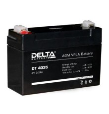 Батарея DELTA серия DT, DT 4035, напряжение 4В, емкость 3.5Ач (разряд 20 часов),  макс. ток разряда (5 сек.) 52.5А, макс. ток заряда 1.05А, свинцово-кислотная типа AGM, клеммы F1, ДxШxВ 90х34х60мм., вес 0.46кг., срок службы 5 лет./ Battery DELTA series DT