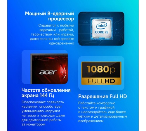 Ноутбук/ ACER Aspire Nitro ANV15-51-51AT 15.6"(1920x1080 (матовый) IPS)/Intel Core i5 13420H(2.1Ghz)/16384Mb/512PCISSDGb/noDVD/Ext:nVidia GeForce RTX2050(4096Mb)/Cam/BT/WiFi/50WHr/war 1y/2kg/Black/NoOS