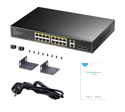 Коммутатор/ 16-10/100/1000 BASE-T Gigabit ports, 2-Port 10/100/1000 BASE-T Gigabit Uplink ports, 2-1000 BASE-X SFP Slot, 16-port IEEE 802.3at PoE+ Injector, 200 watts total Power budget, Supports PoE power up to 30W for each PoE port, Extend Mode (Transmi