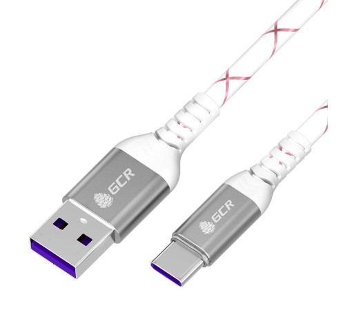 GCR Кабель 1.0m, TypeC, быстрая зарядка 18W, поддержка QC, PD, бело-розовый, AL case серебро, 28/24 AWG, GCR-55301