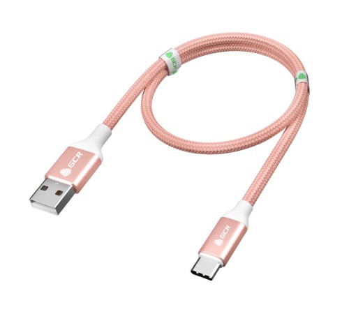 GCR QC Кабель 1.0m, TypeC, быстрая зарядка, розовый нейлон, AL корпус розовый, белый ПВХ, 28/24 AWG, GCR-52509