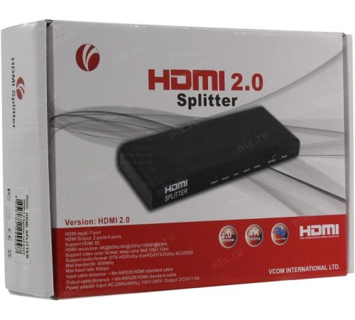 Разветвитель/ Разветвитель VCOM DD424 HDMI(19F)-4xHDMI(19F) v2.0 4K, черный
