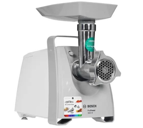 Мясорубка BOSCH/ РОЗНИЧНЫЙ ЭКСКЛЮЗИВ!! 600/1800Вт, 3 кг/мин., белый/серый фронт, реверс, отсек для хран., 3 диска, кебаб Мясорубка BOSCH/ РОЗНИЧНЫЙ ЭКСКЛЮЗИВ!! 600/1800Вт, 3 кг/мин., белый/серый фронт, реверс, отсек для хран., 3 диска, кебаб