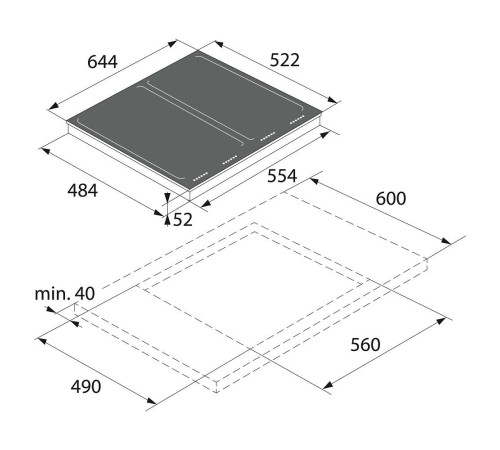 Встраиваемые индукционные панели ASKO/ Арт. 467598 ; индукционная, встраиваемая, 5.2 х 64 х 52.2,  4 конфорки, электронное управление, сенсорные переключатели, черный матовый цвет