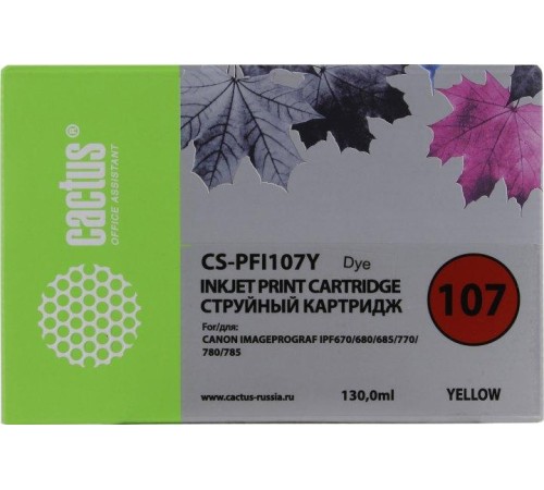 -/ Картридж струйный Cactus CS-PFI107Y желтый (130мл) для Canon IP iPF670/iPF680/iPF685/iPF770/iPF780/i