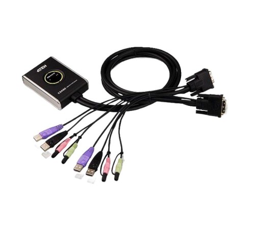 2-портовый KVM-переключатель со встроенными KVM кабелями 2х(1,2м), 1 user DVI-D(Female)+ 2хUSB(Тип А(Female)) +2хАудио(Female) <-> 2 cpu DVI-D(Male)+2хUSB(Тип А(Male))+2хАудио(Male), настольный, некаскад., не требуется внешнее питание/ PETITE 2 PORT DVI C